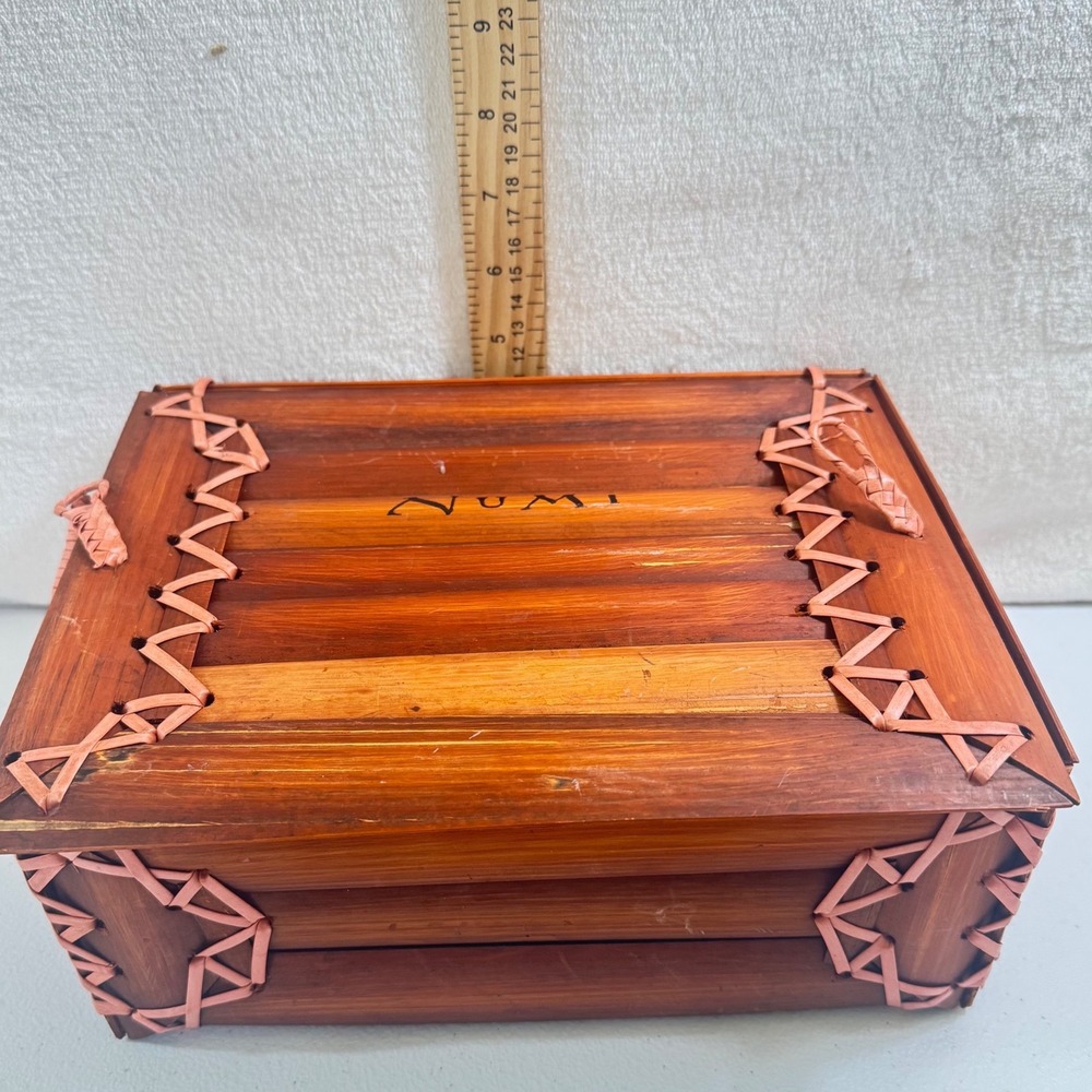VTG Numi Organic Tea Bamboo Storage Box Woven Wood Tea Chest Brown Pink Lacing